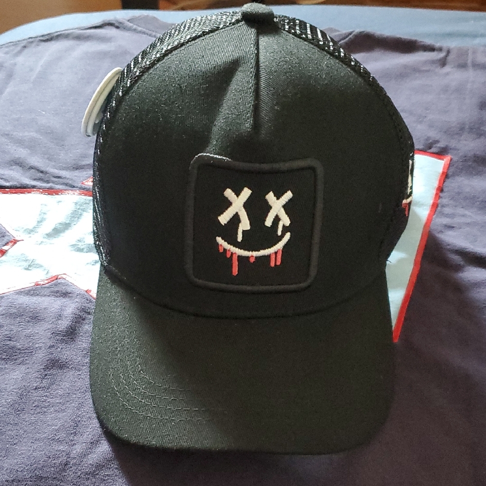 HAPPY IMMORTAL: VAMPIRE LIFE Trucker Hat w/VAMPIRE SMILEY FACE EMOJI BADGE